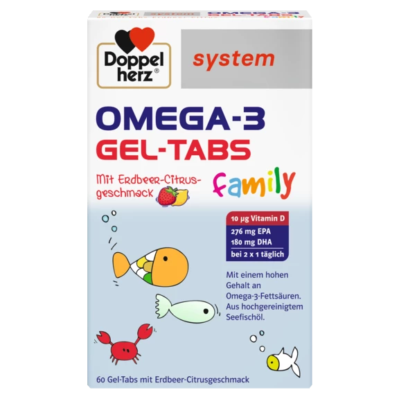 Illustration of the product packaging Doppelherz system OMEGA-3 GEL TABS FAMILY front view